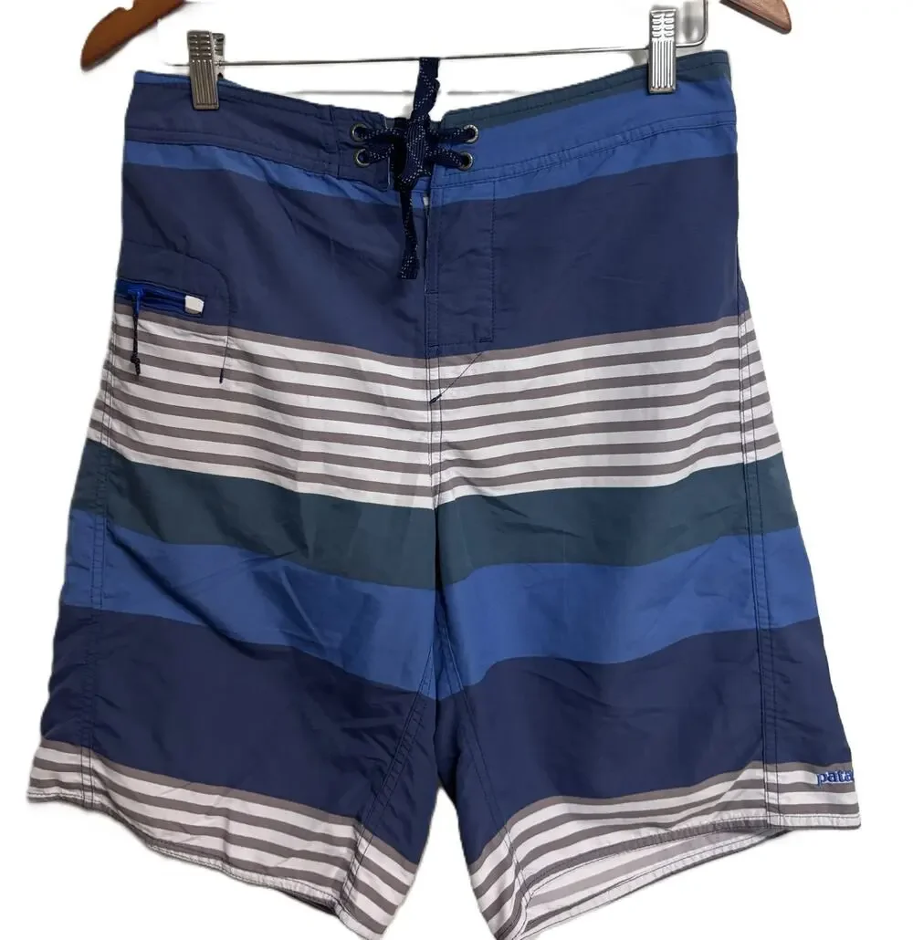 Patagonia Board Shorts 30 Men's Blue Striped Nylon Pockets Beach Surf Swimwear